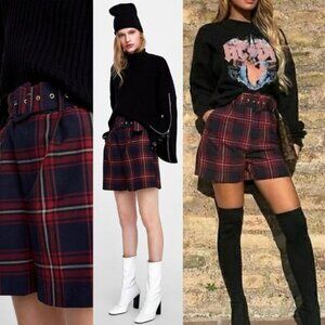 NWT ZARA Plaid Belted Shorts Size XS Red Blue